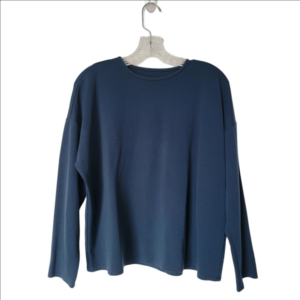 Eileen Fisher Boxy Classic Old Silent Money Tencel Blue Long Sleeve Blouse